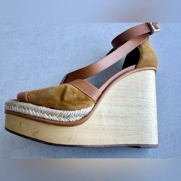 Hermes Tan Suede and Leather Wooden Wedge Ibiza Sandals size 38 - Picture 6 of 15